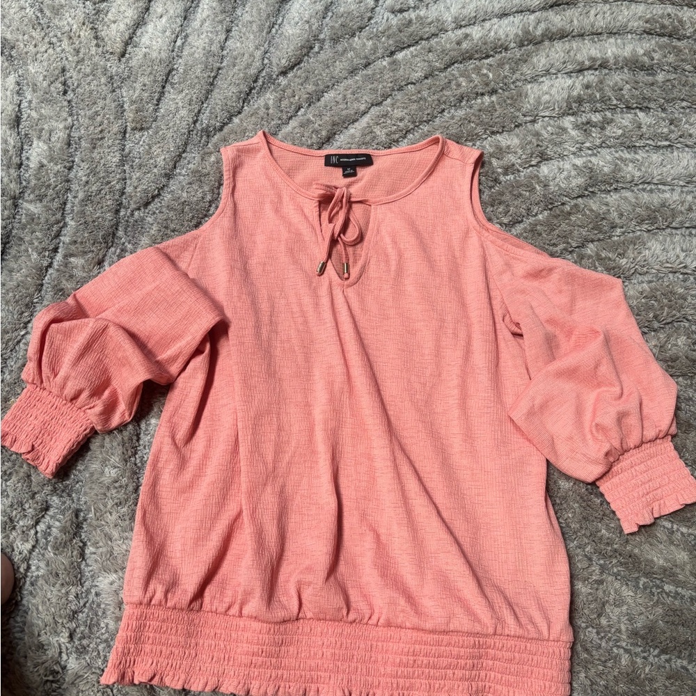 INC International Concepts Tangerine Textured Blouse – Size M, Tie Neck Detail